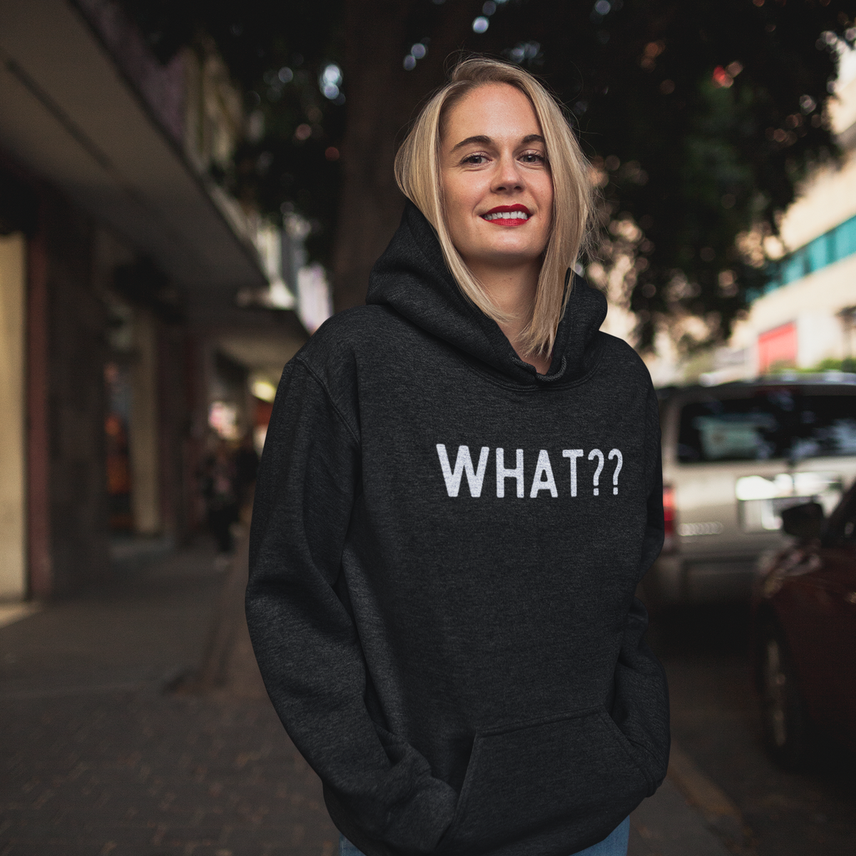 What?? --In white lettered Unisex Heavy Blend™ Hooded Sweatshirt